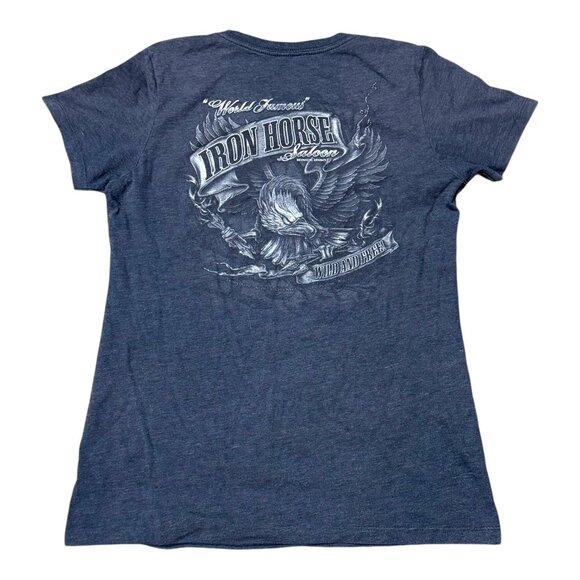 Iron Horse Saloon Wild & Free Graphic T-Shirt Womens XS Blue Biker Motorcycle - Picture 4 of 5